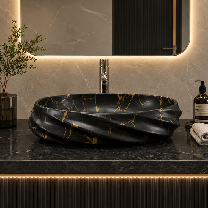 Black Gold Matte Ceramic Oval Countertop Wash Basin