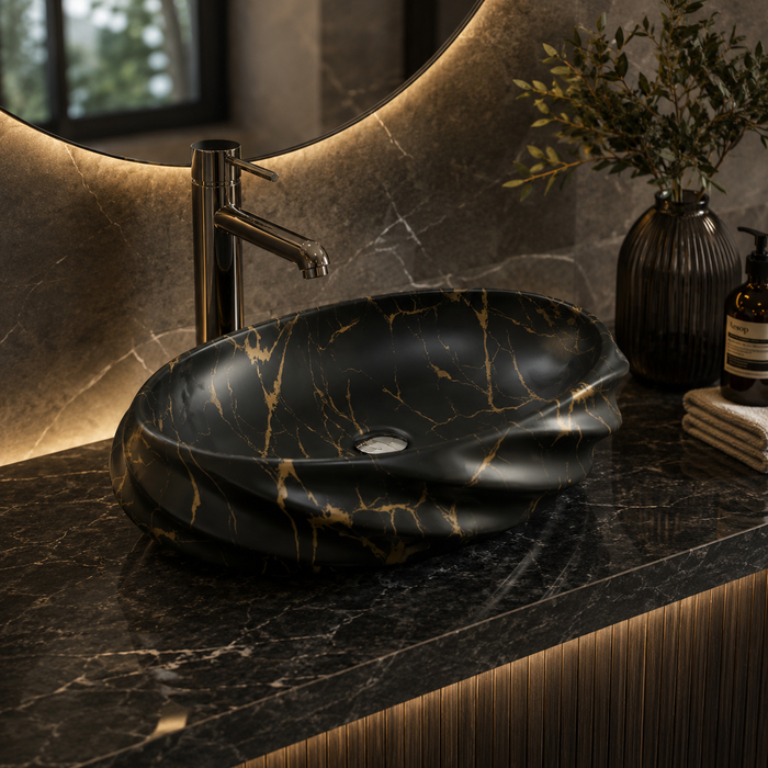 Black Gold Matte Ceramic Oval Countertop Wash Basin