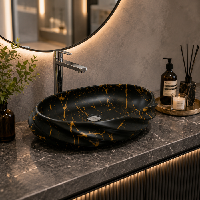 Black Gold Matte Ceramic Oval Countertop Wash Basin