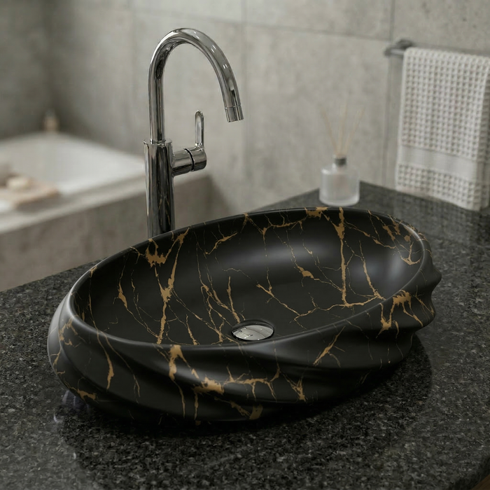 Black Gold Matte Ceramic Oval Countertop Wash Basin