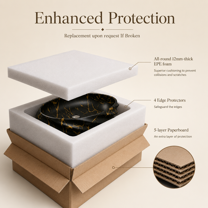 Black Gold Matte Ceramic Oval Countertop Wash Basin Packaging