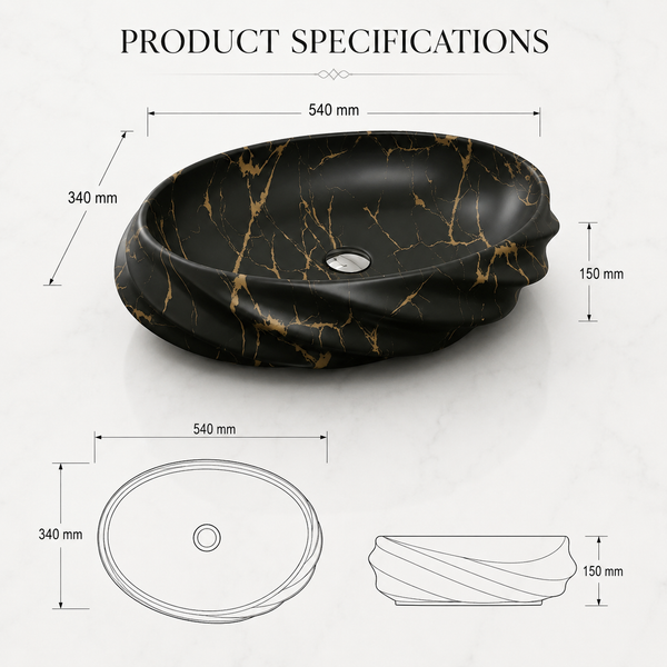 Black Gold Matte Ceramic Oval Countertop Wash Basin – (21" × 13" × 6" IN)