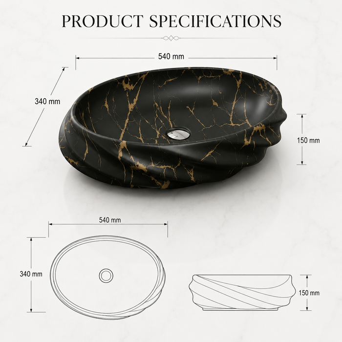 Black Gold Matte Ceramic Oval Countertop Wash Basin size
