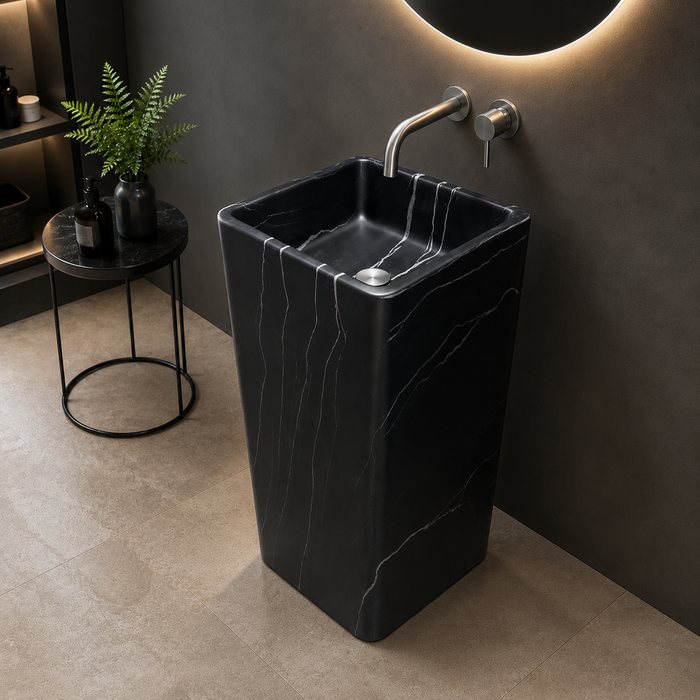 Black Marble Design Ceramic Pedestal Wash Basin 