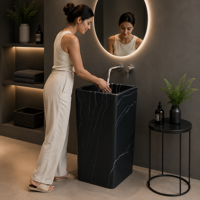Black Marble Design Ceramic Pedestal Wash Basin 
