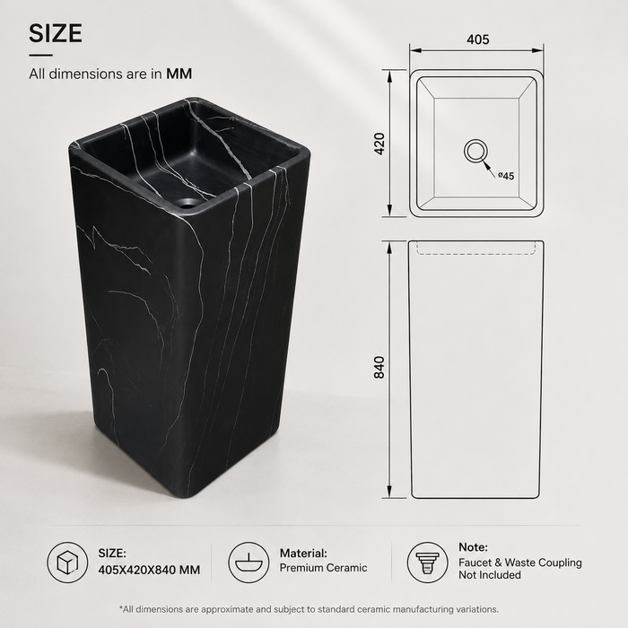 Black Marble Design Ceramic Pedestal Wash Basin 