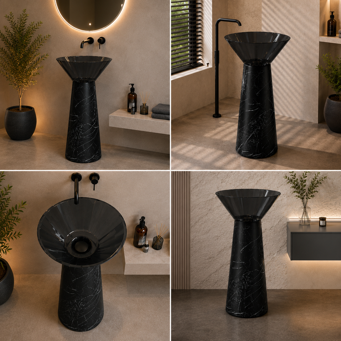 A four-panel collage showing a black marble pedestal sink in a modern bathroom setting. The sink features a wide, flared bowl top and a tapered cylindrical base with subtle white veining.