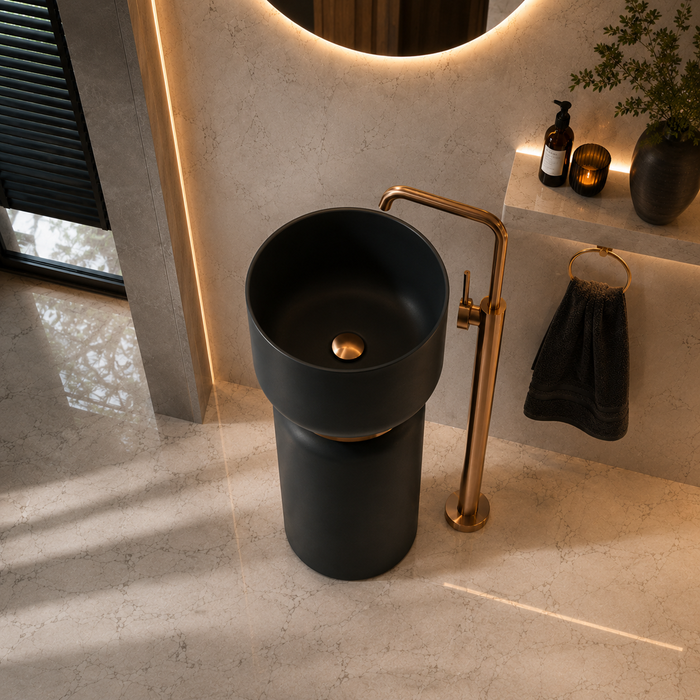 Black Pedestal Wash Basin with Rose Gold Belt 