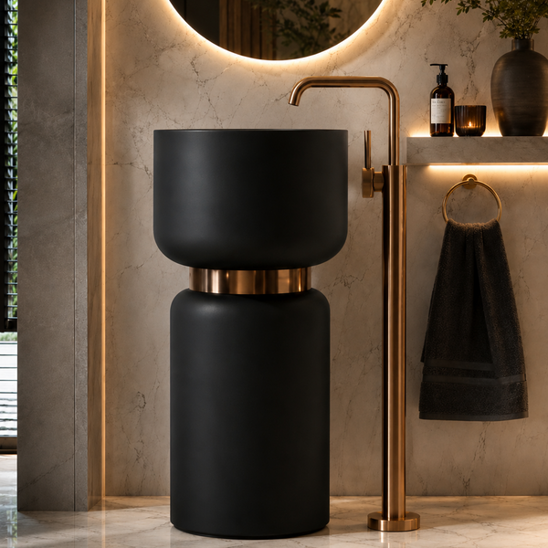 Pedestal Wash Basin with Rose Gold Belt | Luxury Freestanding Basin (Without Tap Hole) - 16″ × 16″ × 34″ In Black