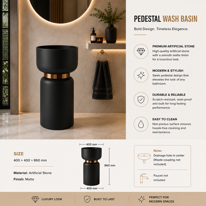 Black Pedestal Wash Basin with Rose Gold Belt info