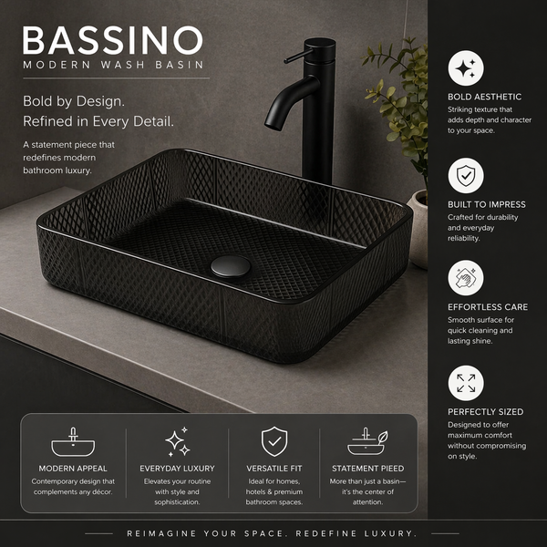 Bassino Modern Transparent Glass Wash Basin | Stylish Countertop Wash Basin for Bathroom–460x320x105 mm Black