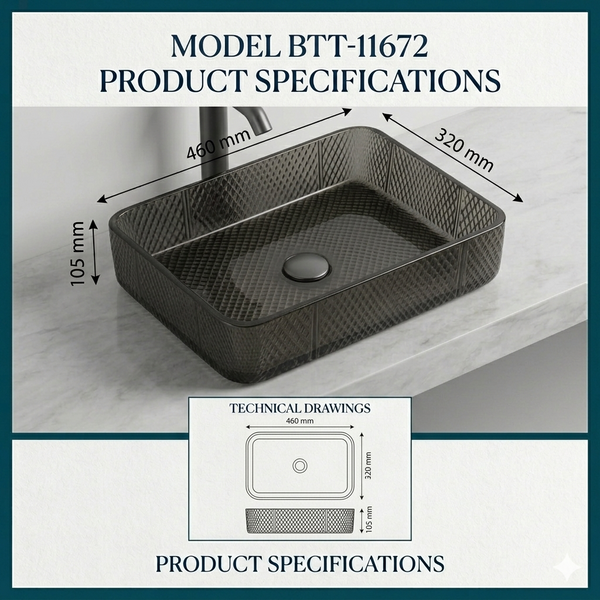 Bassino Modern Transparent Glass Wash Basin | Stylish Countertop Wash Basin for Bathroom–460x320x105 mm Black