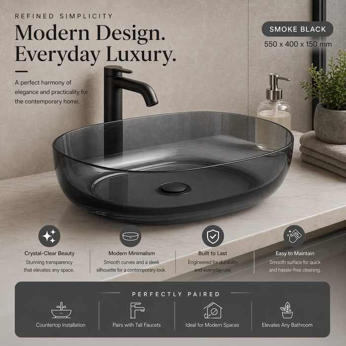 Black Rectangle Transparent Resin Wash Basin