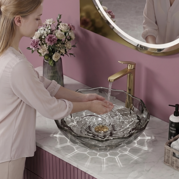 Bassino Modern Transparent Glass Wash Basin | Stylish Countertop Wash Basin for Bathroom–445x445x122 mm Black