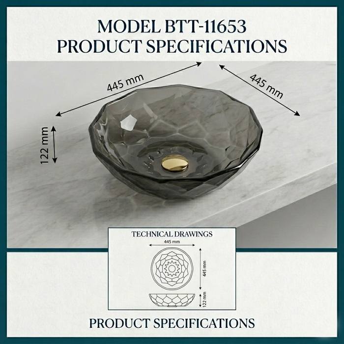 Black Round Transparent Glass Wash Basin Size