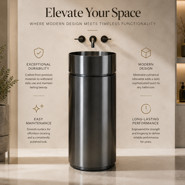 Black Stainless Steel Pedestal Wash Basin 16x16x33 Inch - Modern Bathroom Sink