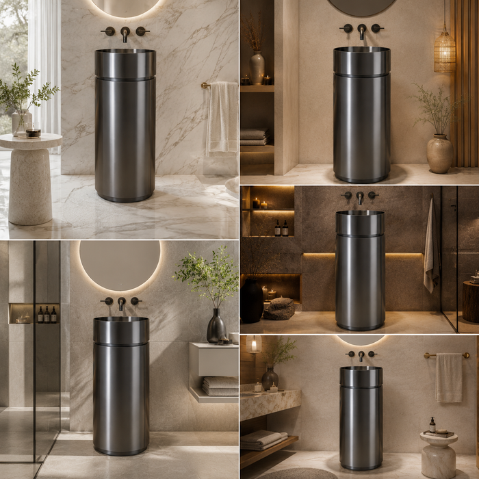Black Stainless Steel Pedestal Wash Basin With Storage 