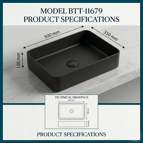 Bassino Modern Stainless Steel Wash Basin | Stylish Countertop Wash Basin for Bathroom–500x350x120 mm Black