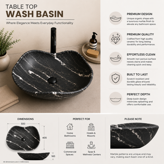 Black Table Top Wash Basin, Matt Marble Finish 