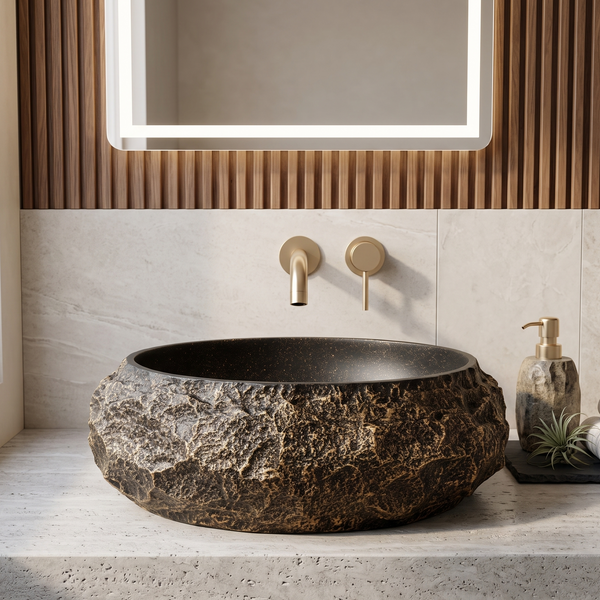 Black & Gold Artificial Stone Table Top Wash Basin – 22 × 18.9 × 5.3 Inch | Matte Rock Texture Countertop Basin
