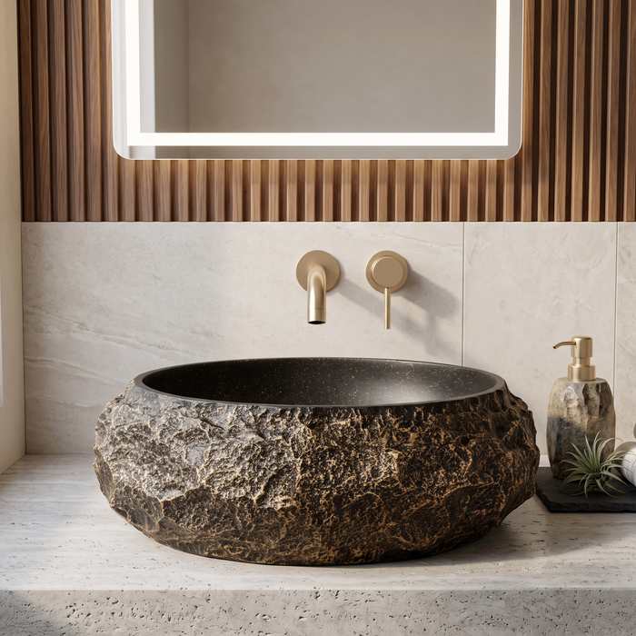 Black and gold artificial stone table top wash basin with matte finish, oval shape and natural rock textured exterior, 560 × 480 × 135 mm.