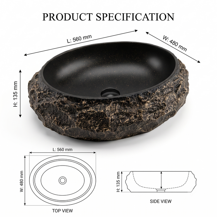 Black and gold artificial stone table top wash basin with matte finish, oval shape and natural rock textured exterior, 560 × 480 × 135 mm.