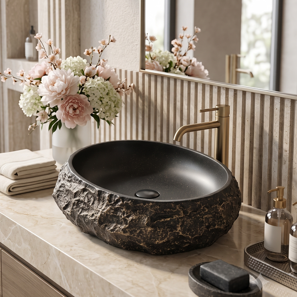 Black & Gold Artificial Stone Table Top Wash Basin – 22 × 18.9 × 5.3 Inch | Matte Rock Texture Countertop Basin