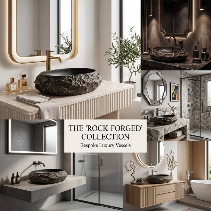 Black and gold artificial stone table top wash basin with matte finish, oval shape and natural rock textured exterior, 560 × 480 × 135 mm.
