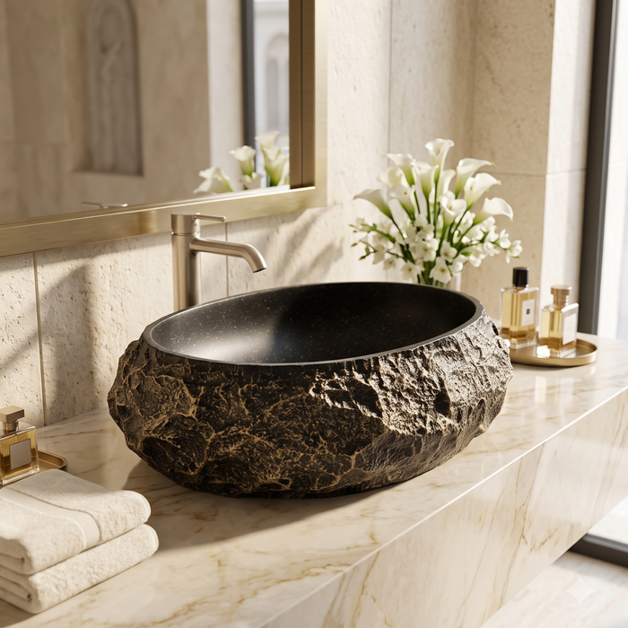 Black and gold artificial stone table top wash basin with matte finish, oval shape and natural rock textured exterior, 560 × 480 × 135 mm.