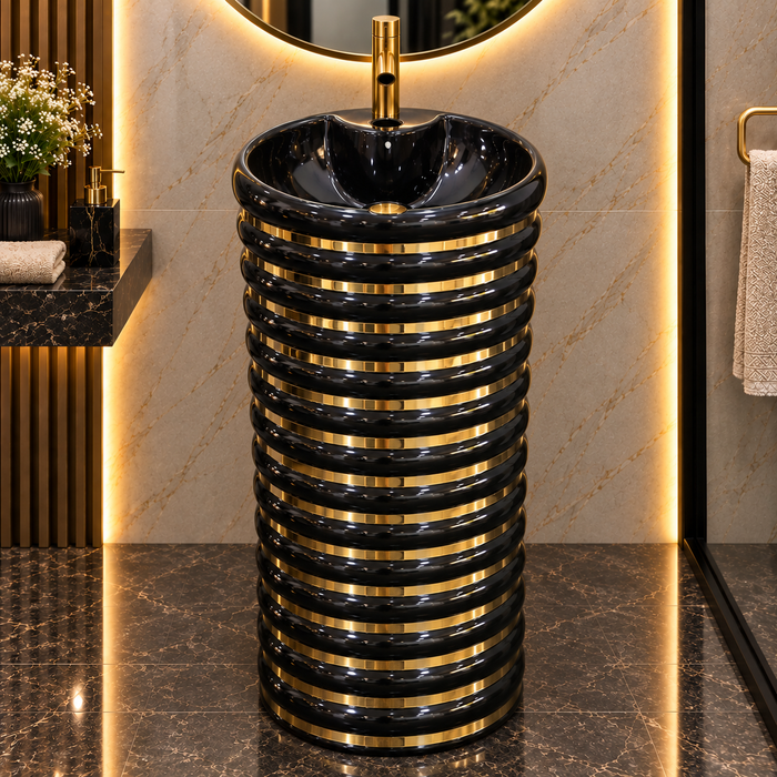 Black and gold luxury floor standing pedestal wash basin with glossy cylindrical design, horizontal gold detailing and 440 × 440 × 820 mm size for modern bathrooms.