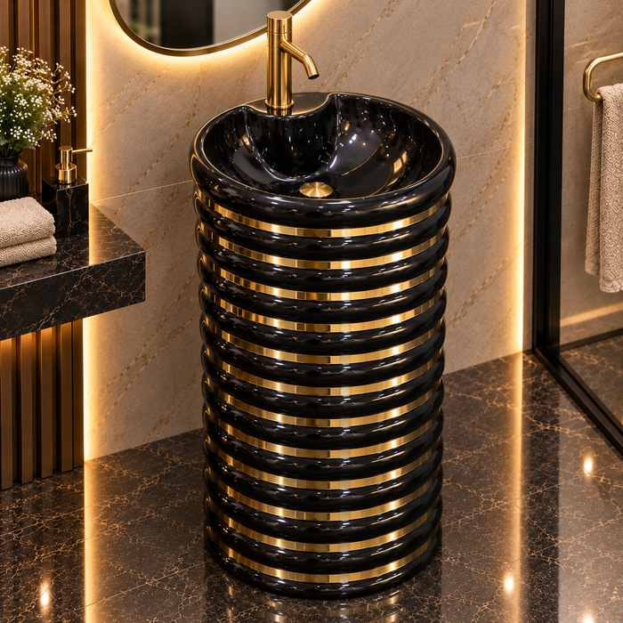 Black and gold luxury floor standing pedestal wash basin with glossy cylindrical design, horizontal gold detailing and 440 × 440 × 820 mm size for modern bathrooms.
