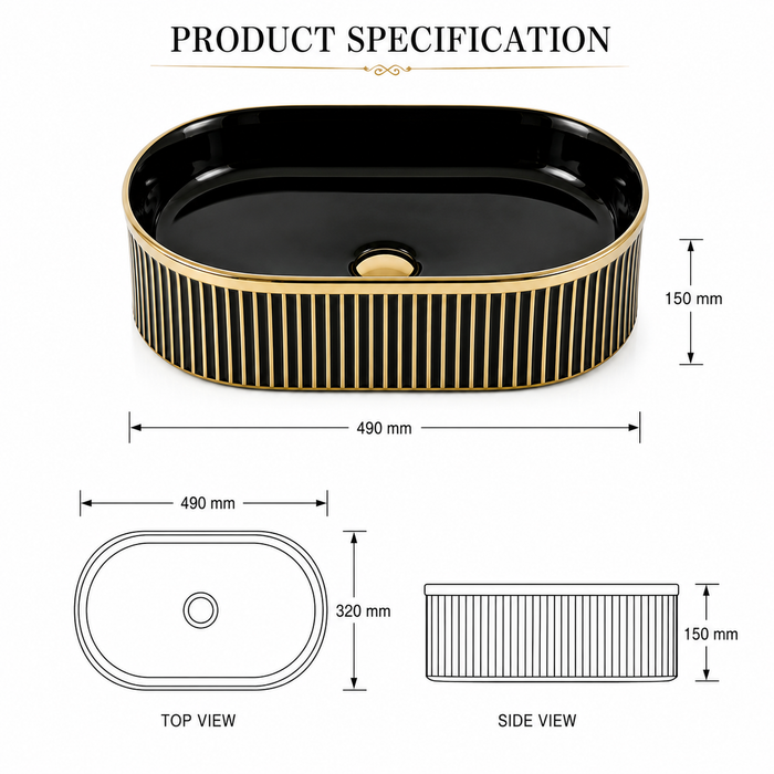 Black and gold luxury table top wash basin with glossy interior, vertical gold detailing and 490 × 320 × 150 mm size for modern bathroom countertops.