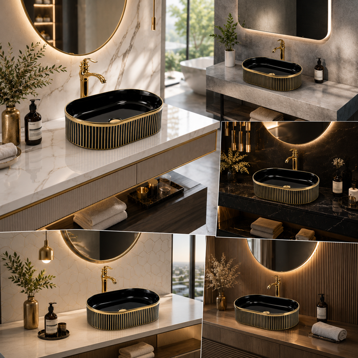 Black and gold luxury table top wash basin with glossy interior, vertical gold detailing and 490 × 320 × 150 mm size for modern bathroom countertops.