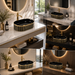 Black and gold luxury table top wash basin with glossy interior, vertical gold detailing and 490 × 320 × 150 mm size for modern bathroom countertops.