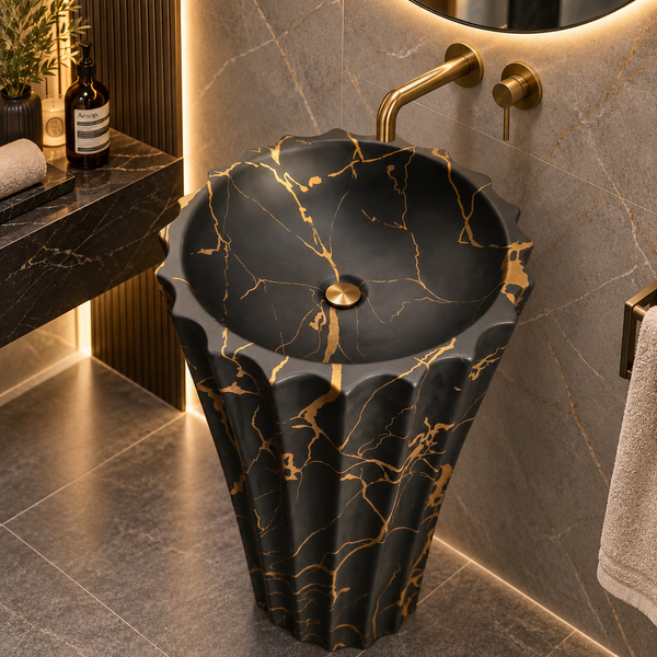 Designer Freestanding Matte Ceramic Pedestal Wash Basin – 18.1 × 18.1 × 32.7 Inch Black & Gold Marble Pattern