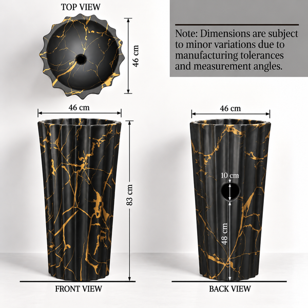 Designer Freestanding Matte Ceramic Pedestal Wash Basin – 18.1 × 18.1 × 32.7 Inch Black & Gold Marble Pattern