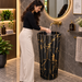 Black and gold marble pattern freestanding pedestal wash basin 18.1 x 18.1 x 32.7 inch with scalloped fluted design for luxury modern bathroom