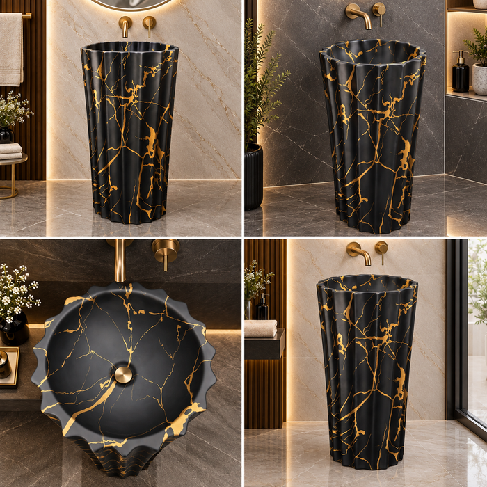 Black and gold marble pattern freestanding pedestal wash basin 18.1 x 18.1 x 32.7 inch with scalloped fluted design for luxury modern bathroom