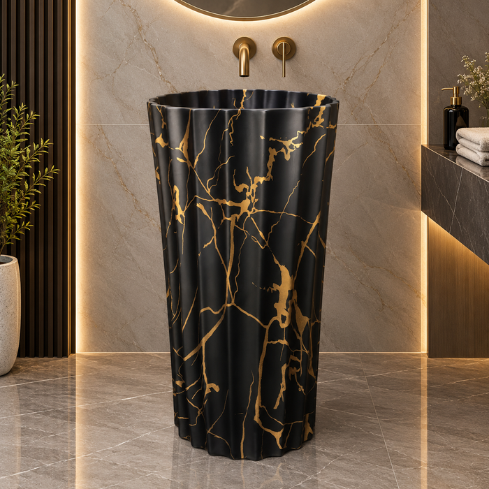 Black and gold marble pattern freestanding pedestal wash basin 18.1 x 18.1 x 32.7 inch with scalloped fluted design for luxury modern bathroom