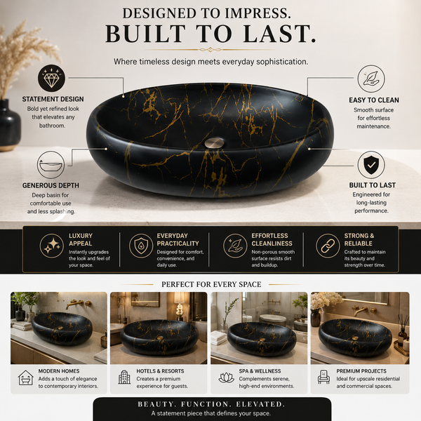 Black & Gold Marble Matte Ceramic Table Top Wash Basin – 600×400×150 mm