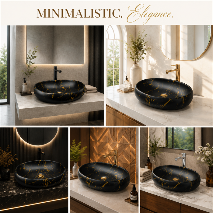 Black and gold marble pattern matte ceramic table top wash basin, 600x400x150 mm, for modern luxury bathrooms.