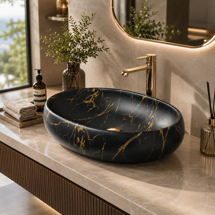 Black and gold marble pattern matte ceramic table top wash basin, 600x400x150 mm, for modern luxury bathrooms.