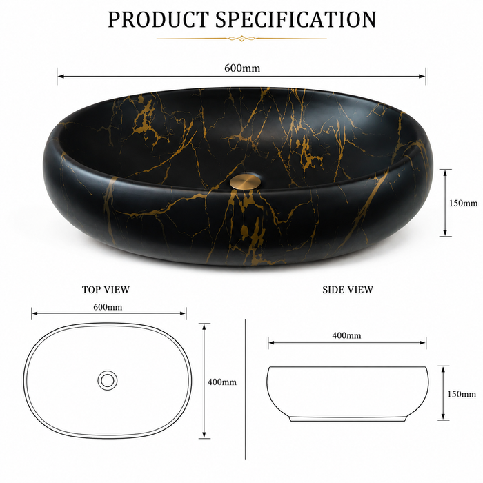 Black and gold marble pattern matte ceramic table top wash basin, 600x400x150 mm, for modern luxury bathrooms.