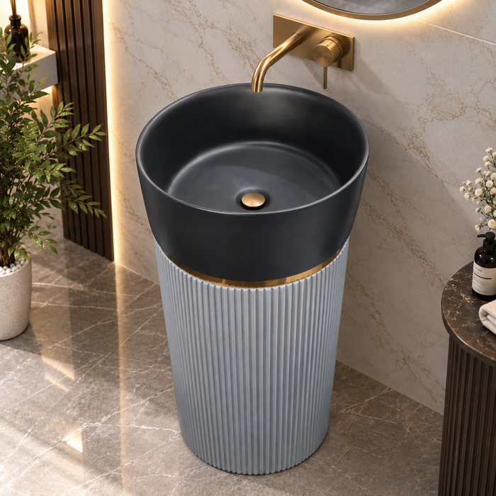 Black and grey matte artificial stone freestanding pedestal wash basin with fluted cylindrical body and gold accent, 400×400×860 mm luxury bathroom sink.