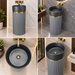 Black and grey matte artificial stone freestanding pedestal wash basin with fluted cylindrical body and gold accent, 400×400×860 mm luxury bathroom sink.