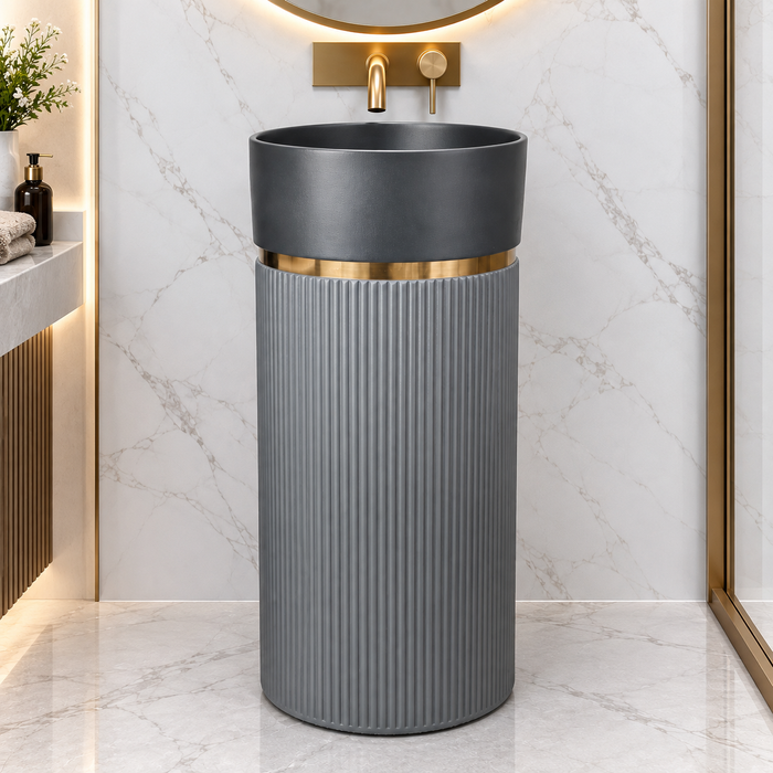 Black and grey matte artificial stone freestanding pedestal wash basin with fluted cylindrical body and gold accent, 400×400×860 mm luxury bathroom sink.