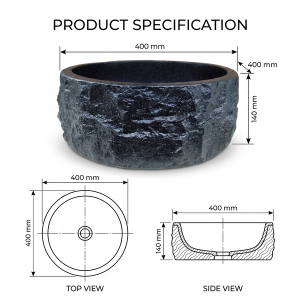 Black Artificial Stone Table Top Wash Basin – 15.7 × 15.7 × 5.5 Inch | Matte Rock Texture Countertop Basin