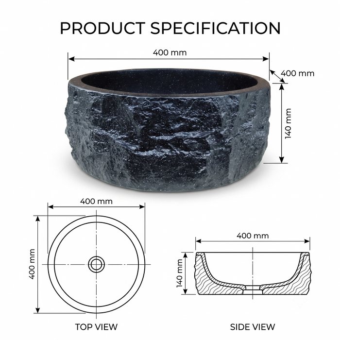 Black artificial stone table top wash basin with matte finish, round shape and raw rock-textured exterior, 400 × 400 × 140 mm.