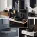 Black artificial stone table top wash basin with matte finish, round shape and raw rock-textured exterior, 400 × 400 × 140 mm.