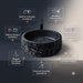 Black artificial stone table top wash basin with matte finish, round shape and raw rock-textured exterior, 400 × 400 × 140 mm.